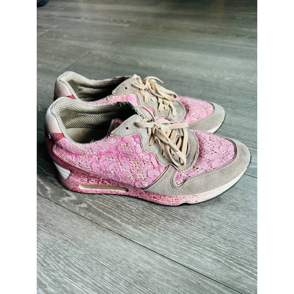 ASH Lace Sneakers Women Size 40 Pink Floral Lace Suede Low Top Fashion Shoes